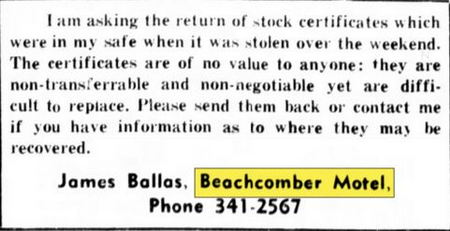 Beachcomber Motel - March 1970 Stock Certificates Stolen (newer photo)